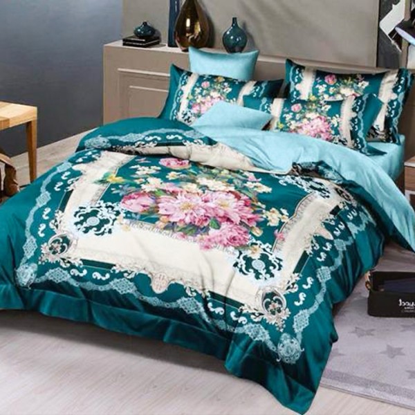 Lenjerie pat dublu (140x200cm, 160x200cm, 180x200cm), FINET Satinat, 6 piese, Turquoise, Flori [1]