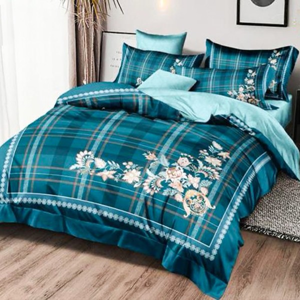 Lenjerie pat dublu (140x200cm, 160x200cm, 180x200cm), FINET Satinat, 6 piese, Turquoise, Flori, Carouri [1]