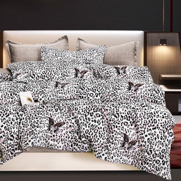 Lenjerie pat dublu (140x200cm, 160x200cm, 180x200cm), FINET Satinat, 6 piese, Leopard Print, Fluturi [1]