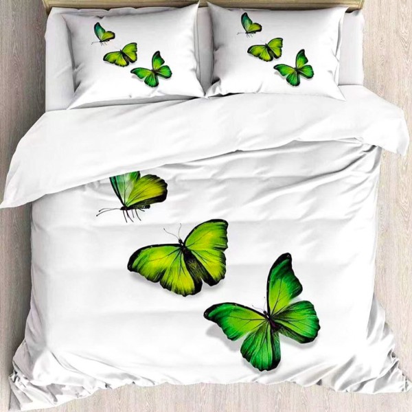 Lenjerie pat dublu (140x200cm, 160x200cm, 180x200cm), FINET Satinat, 6 piese, Alb, Verde, Fluturi [1]