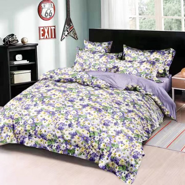 Lenjerie pat dublu (140x200cm, 160x200cm, 180x200cm), FINET Satinat, 6 piese, Mov, Flori [1]