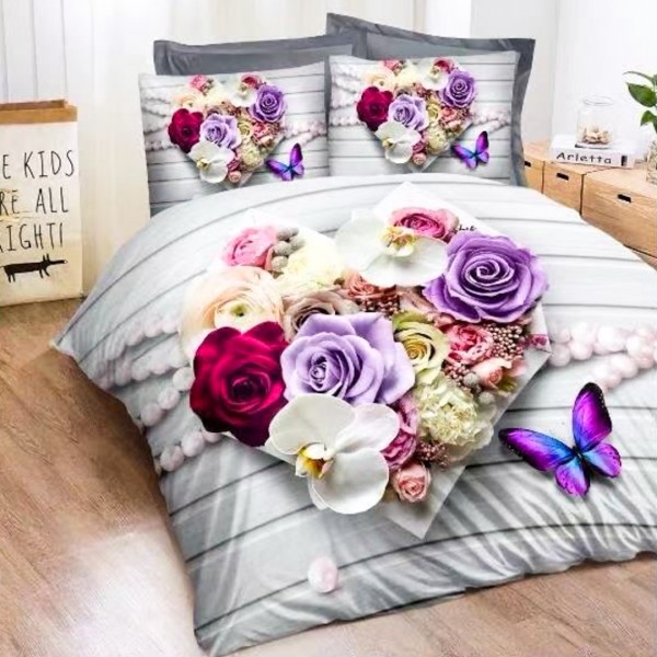 Lenjerie pat dublu (140x200cm, 160x200cm, 180x200cm), FINET Satinat, 6 piese, Gri, Multicolor, Flori, Fluturi [1]