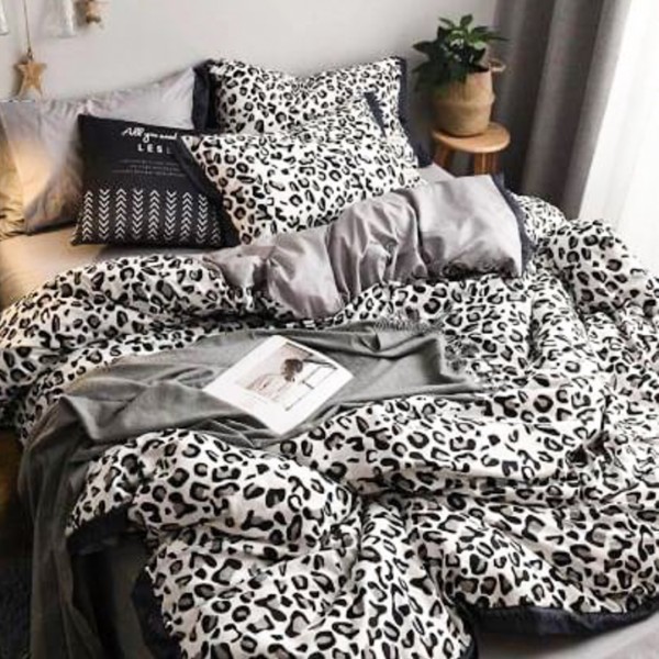 Lenjerie pat dublu (140x200cm, 160x200cm, 180x200cm), FINET Satinat, 6 piese, Gri, Leopard Print [1]