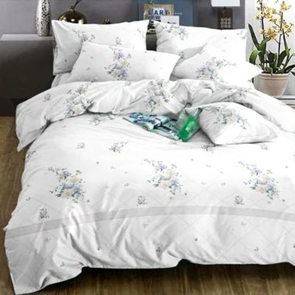 Lenjerie pat dublu (140x200cm, 160x200cm, 180x200cm), FINET Satinat, 6 piese, Alb, Flori [1]