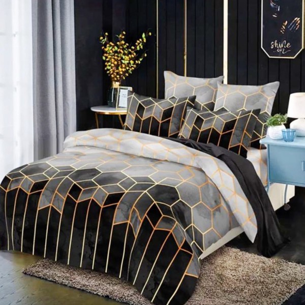 Lenjerie pat dublu (140x200cm, 160x200cm, 180x200cm), FINET Satinat, 6 piese, Gri, Forme Geometrice [1]