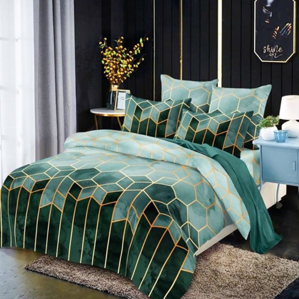Lenjerie pat dublu (140x200cm, 160x200cm, 180x200cm), FINET Satinat, 6 piese, Verde, Forme Geometrice [1]