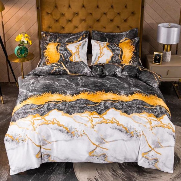 Lenjerie pat dublu (140x200cm, 160x200cm, 180x200cm), FINET Satinat, 6 piese, Alb, Gri, Gold, Marble [1]