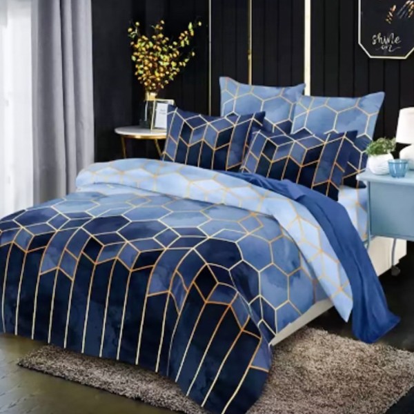 Lenjerie pat dublu (140x200cm, 160x200cm, 180x200cm), FINET Satinat, 6 piese, Albastru, Forme Geometrice [1]