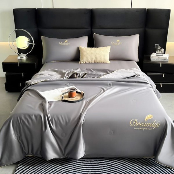 Set Luxury cu PILOTA de VARA (140x200cm, 160x200cm, 180x200cm), Atingere de Gheata, MATASE SATINATA, 4 piese, Gri inchis [1]