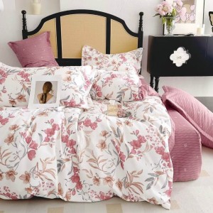 Lenjerie pat dublu, FINET, 6 piese, cu ELASTIC, Jojo Home, Crem, Roz, Flori