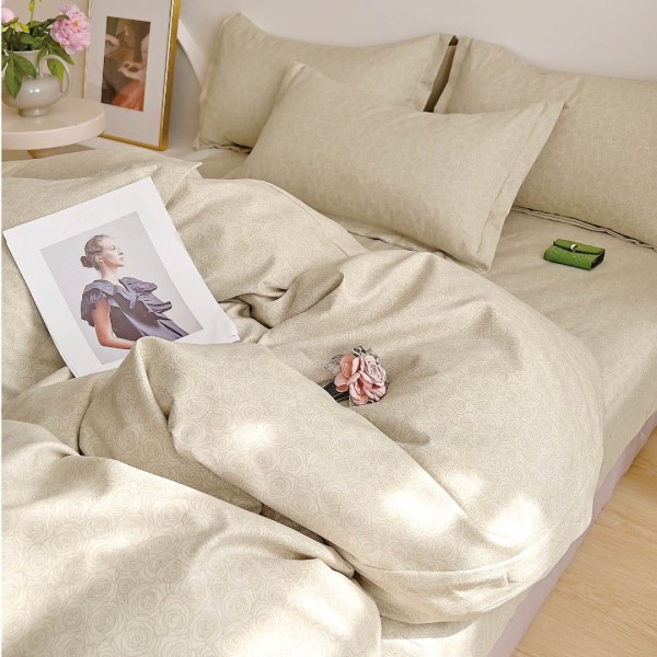 Lenjerie pat dublu, FINET, 6 piese, cu ELASTIC, Jojo Home, Bej, Roses [1]