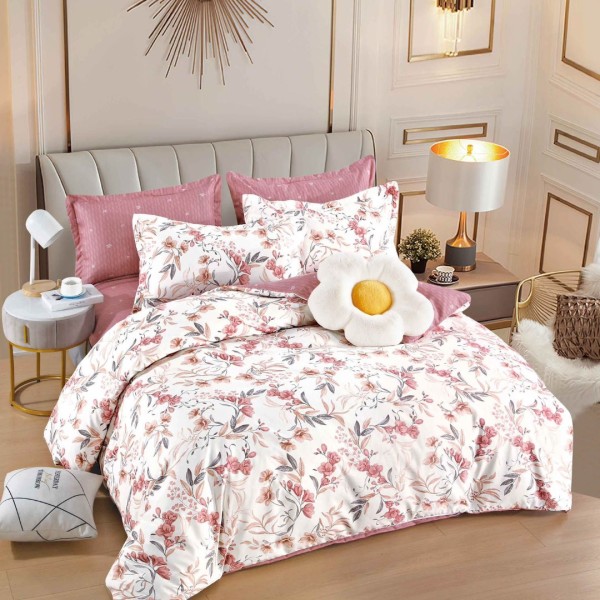 Lenjerie pat dublu, FINET, 6 piese, cu ELASTIC, Jojo Home, Crem, Roz, Flori si Frunze [1]