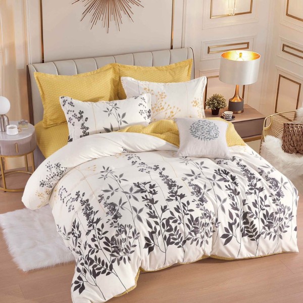 Lenjerie pat dublu, FINET, 6 piese, cu ELASTIC, Jojo Home, Crem, Galben, Flori si Frunze [1]