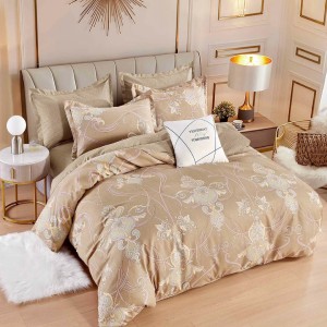 Lenjerie pat dublu, FINET, 6 piese, cu ELASTIC, Jojo Home, Bej, Model Oriental