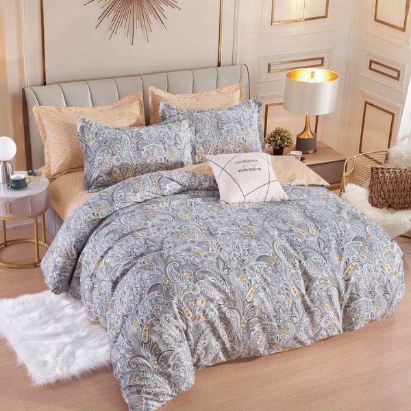 Lenjerie pat dublu, FINET, 6 piese, cu ELASTIC, Jojo Home, Gri, Bej, Model Oriental [1]
