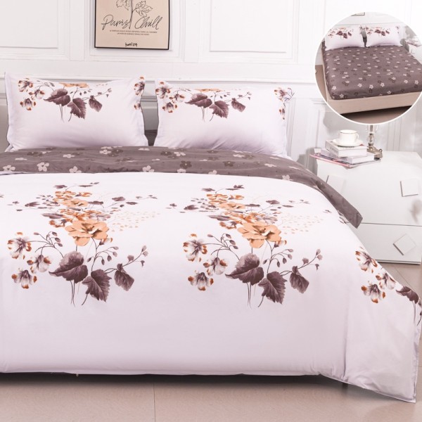 Lenjerie pat dublu cu Elastic (160x200cm si 180x200cm), bumbac satinat, Alb, Maro, Flori [1]