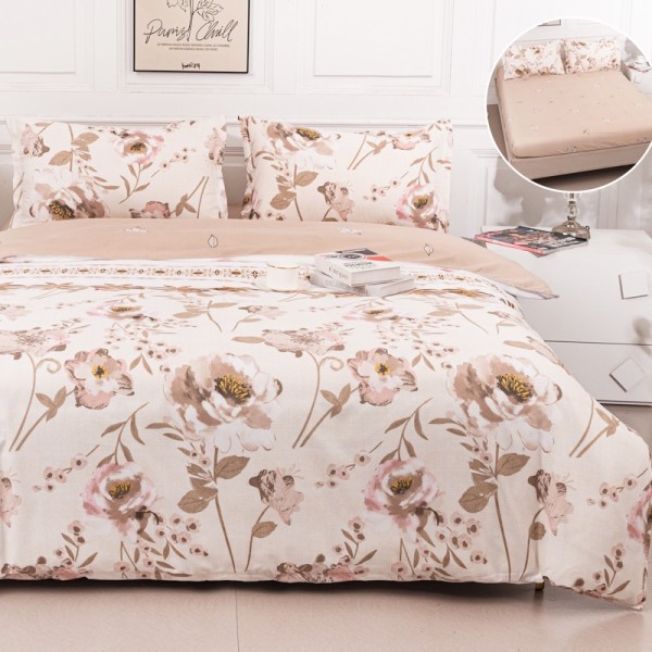 Lenjerie pat dublu cu Elastic (160x200cm si 180x200cm), bumbac satinat, Bej, Flori si Frunze [1]
