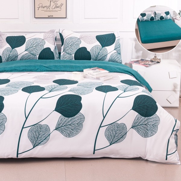 Lenjerie pat dublu cu Elastic (160x200cm si 180x200cm), bumbac satinat, Alb, Verde, Frunze [1]