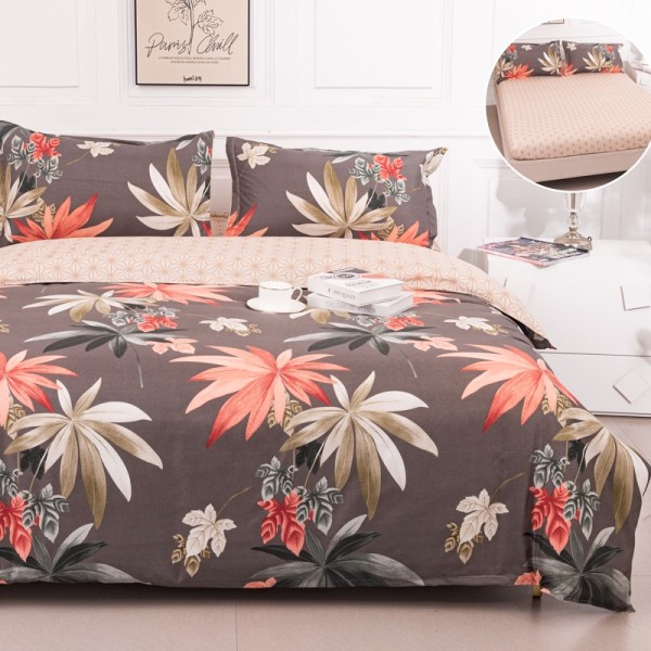 Lenjerie pat dublu cu Elastic (160x200cm si 180x200cm), bumbac satinat, Maroniu, Frunze Tomnatice [1]
