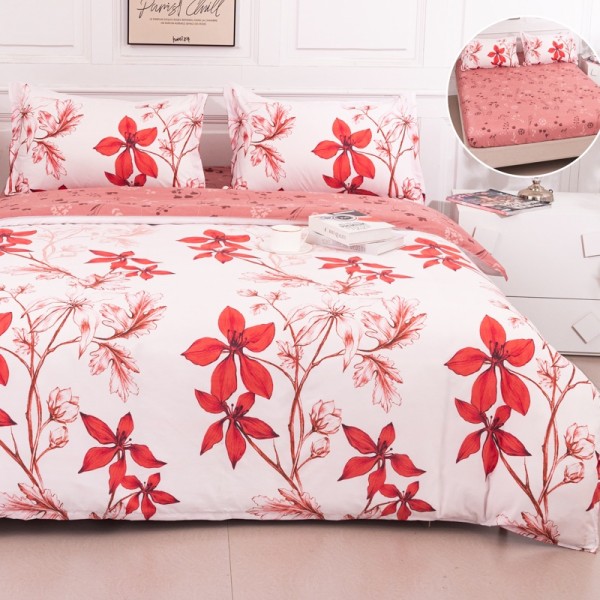 Lenjerie pat dublu cu Elastic (160x200cm si 180x200cm), bumbac satinat, Alb, Corai, Flori [1]