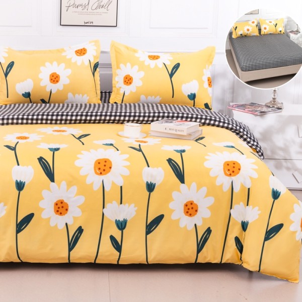 Lenjerie pat dublu cu Elastic (160x200cm si 180x200cm), bumbac satinat, Galben, Flori [1]