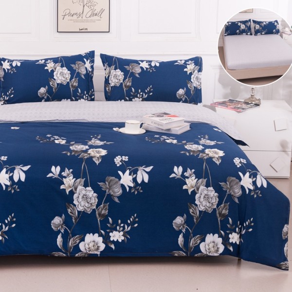 Lenjerie pat dublu cu Elastic (160x200cm si 180x200cm), bumbac satinat, Albastru, Flori [1]