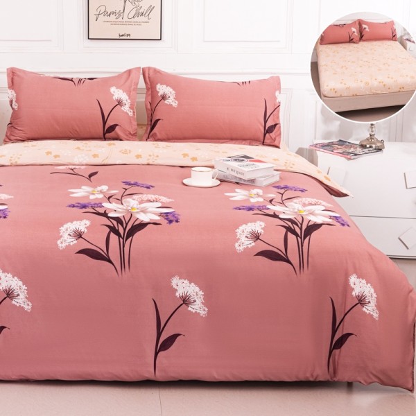 Lenjerie pat dublu cu Elastic (160x200cm si 180x200cm), bumbac satinat, Roz, Flori [1]