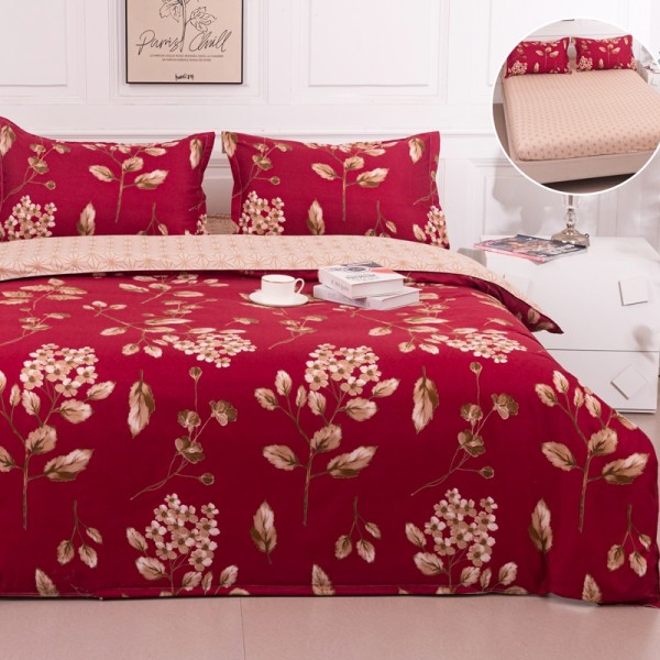 Lenjerie pat dublu cu Elastic (160x200cm si 180x200cm), bumbac satinat, Roșu, Flori [1]