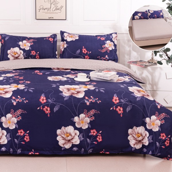 Lenjerie pat dublu cu Elastic (160x200cm si 180x200cm), bumbac satinat, Bleumarin, Flori [1]