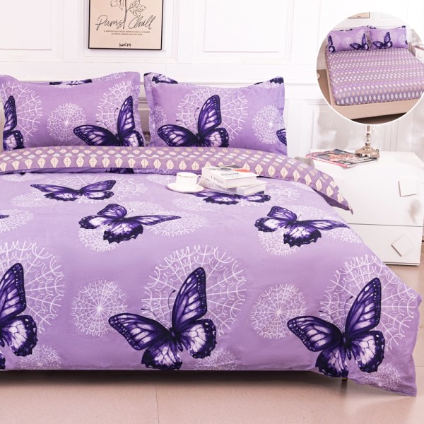 Lenjerie pat dublu cu Elastic (160x200cm si 180x200cm), bumbac satinat, Lila, Fluturi [1]