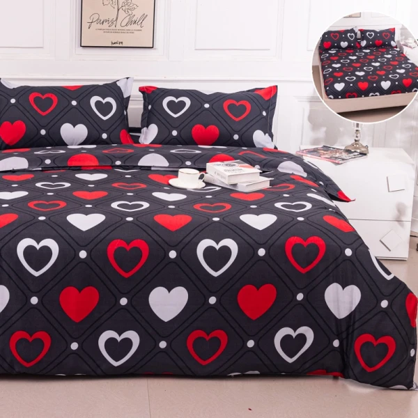 Lenjerie pat dublu cu Elastic (160x200cm si 180x200cm), bumbac satinat, Negru, Inimioare [1]