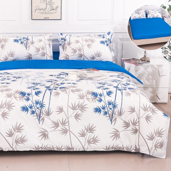Lenjerie pat dublu cu Elastic (160x200cm si 180x200cm), bumbac satinat, Alb, Bleu, Bej, Frunze [1]