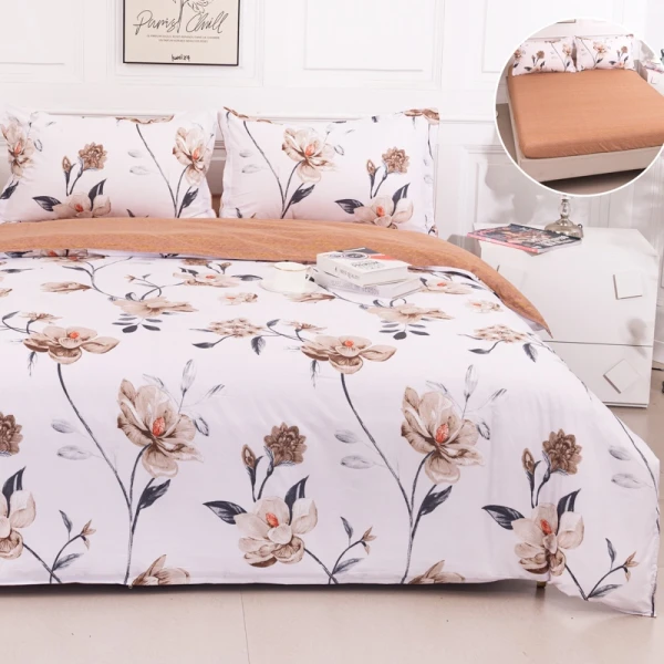 Lenjerie pat dublu cu Elastic (160x200cm si 180x200cm), bumbac satinat, Alb, Bej, Flori [1]
