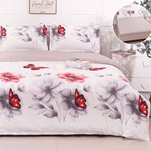 Lenjerie pat dublu cu Elastic (160x200cm si 180x200cm), bumbac satinat, Alb, Bej, Flori [1]