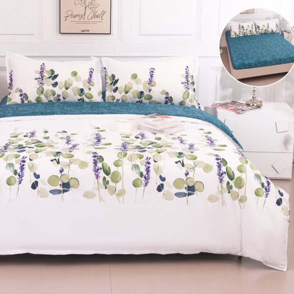 Lenjerie pat dublu cu Elastic (160x200cm si 180x200cm), bumbac satinat, Alb, Verde, Flori [1]
