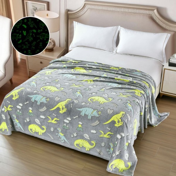   Pătură Cocolino Pufoasa, Premium, cu Model Fluorescent, 200x230 cm – Confort și Eleganță de la Johny Home Pucioasa, Gri, Dinozauri [1]