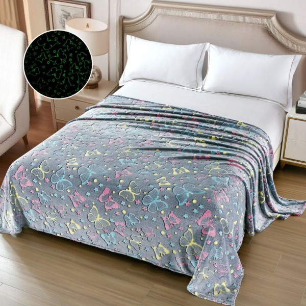   Pătură Cocolino Pufoasa, Premium, cu Model Fluorescent, 200x230 cm – Confort și Eleganță de la Johny Home Pucioasa, Gri, Fluturasi [1]