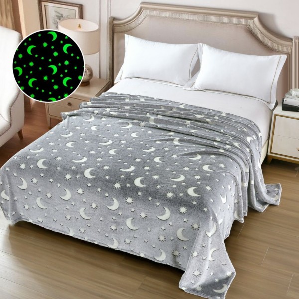   Pătură Cocolino Pufoasa, Premium, cu Model Fluorescent, 200x230 cm – Confort și Eleganță de la Johny Home Pucioasa, Gri, Luna si Stelute [1]
