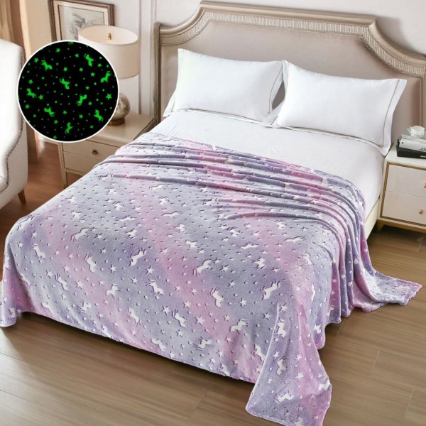   Pătură Cocolino Pufoasa, Premium, cu Model Fluorescent, 200x230 cm – Confort și Eleganță de la Johny Home Pucioasa, Lila, Unicorni [1]