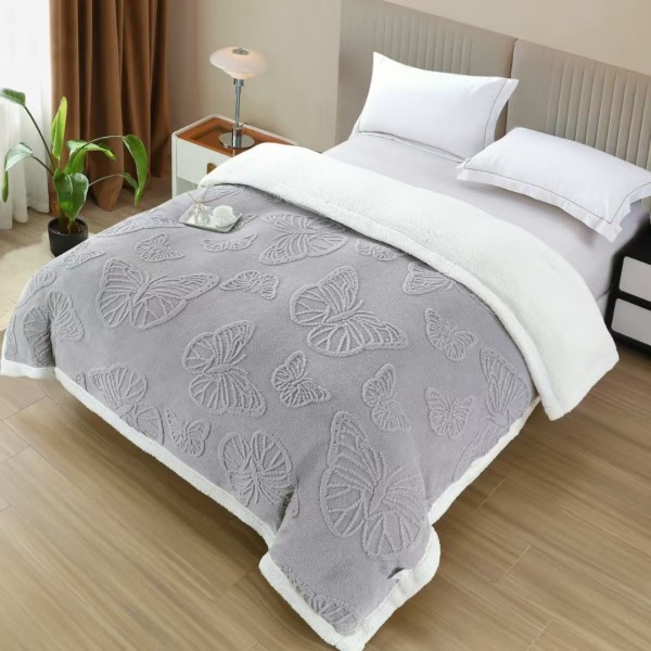   Pătură Cocolino cu Fluturi 3D cu Blăniță Sherpa, 200x230 cm – Confort și Eleganță de la Johny Home Pucioasa, Gri deschis [1]