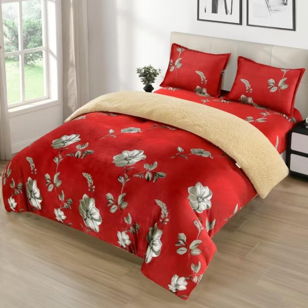 Lenjerie pat dublu cu Elastic, Super Pufoasa COCOLINO cu BLANITA, 4 piese, Roșu, Flori [1]