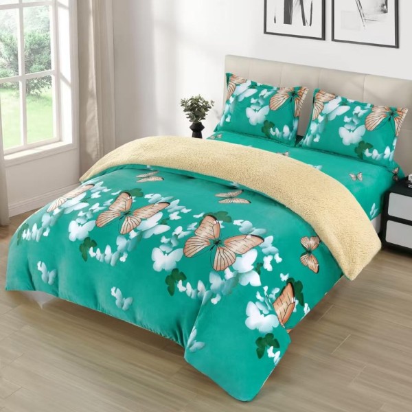 Lenjerie pat dublu cu Elastic, Super Pufoasa COCOLINO cu BLANITA, 4 piese, Turquoise, Fluturi [1]