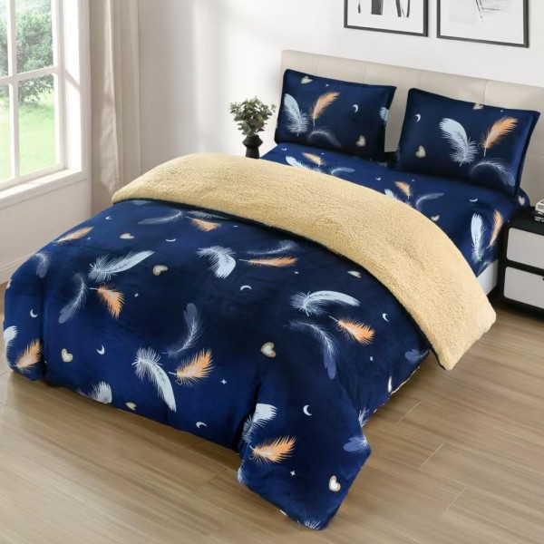 Lenjerie pat dublu cu Elastic, Super Pufoasa COCOLINO cu BLANITA, 4 piese, Albastru, Pene [1]