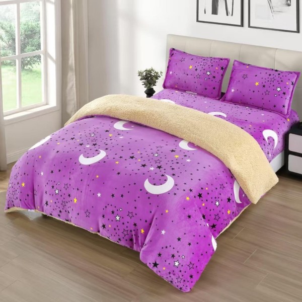 Lenjerie pat dublu cu Elastic, Super Pufoasa COCOLINO cu BLANITA, 4 piese, Mov, Stele si Luna [1]