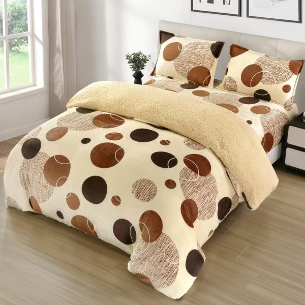 Lenjerie pat dublu cu Elastic, Super Pufoasa COCOLINO cu BLANITA, 4 piese, Bej, Cercuri si Buline [1]