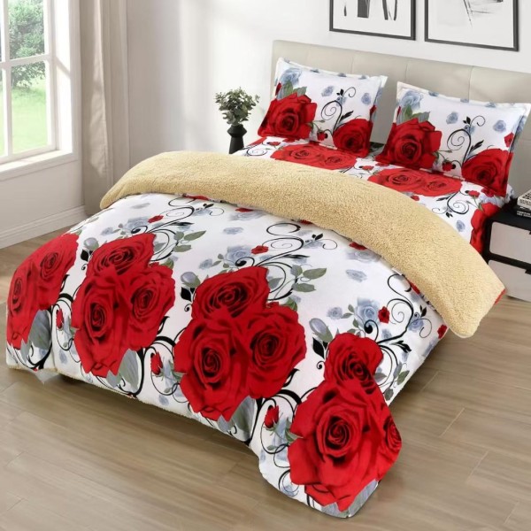 Lenjerie pat dublu cu Elastic, Super Pufoasa COCOLINO cu BLANITA, 4 piese, Alb, Trandafiri Rosii [1]