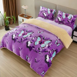 Lenjerie pat dublu cu Elastic, Super Pufoasa COCOLINO cu BLANITA, 4 piese, Mov, Fluturi