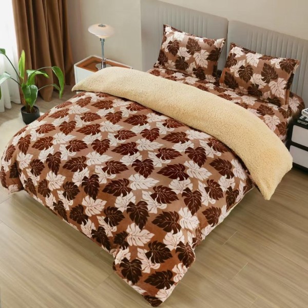 Lenjerie pat dublu cu Elastic, Super Pufoasa COCOLINO cu BLANITA, 4 piese, Maro, frunze de toamna [1]