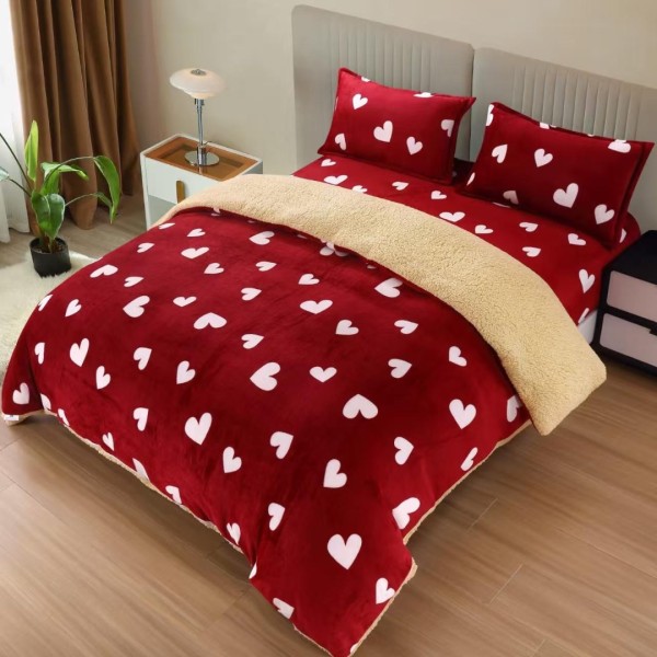 Lenjerie pat dublu cu Elastic, Super Pufoasa COCOLINO cu BLANITA, 4 piese, Rosu, inimioare [1]