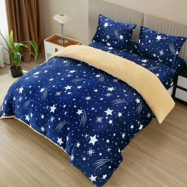 Lenjerie pat dublu cu Elastic, Super Pufoasa COCOLINO cu BLANITA, 4 piese, Bleumarin, ploaie de stele [1]